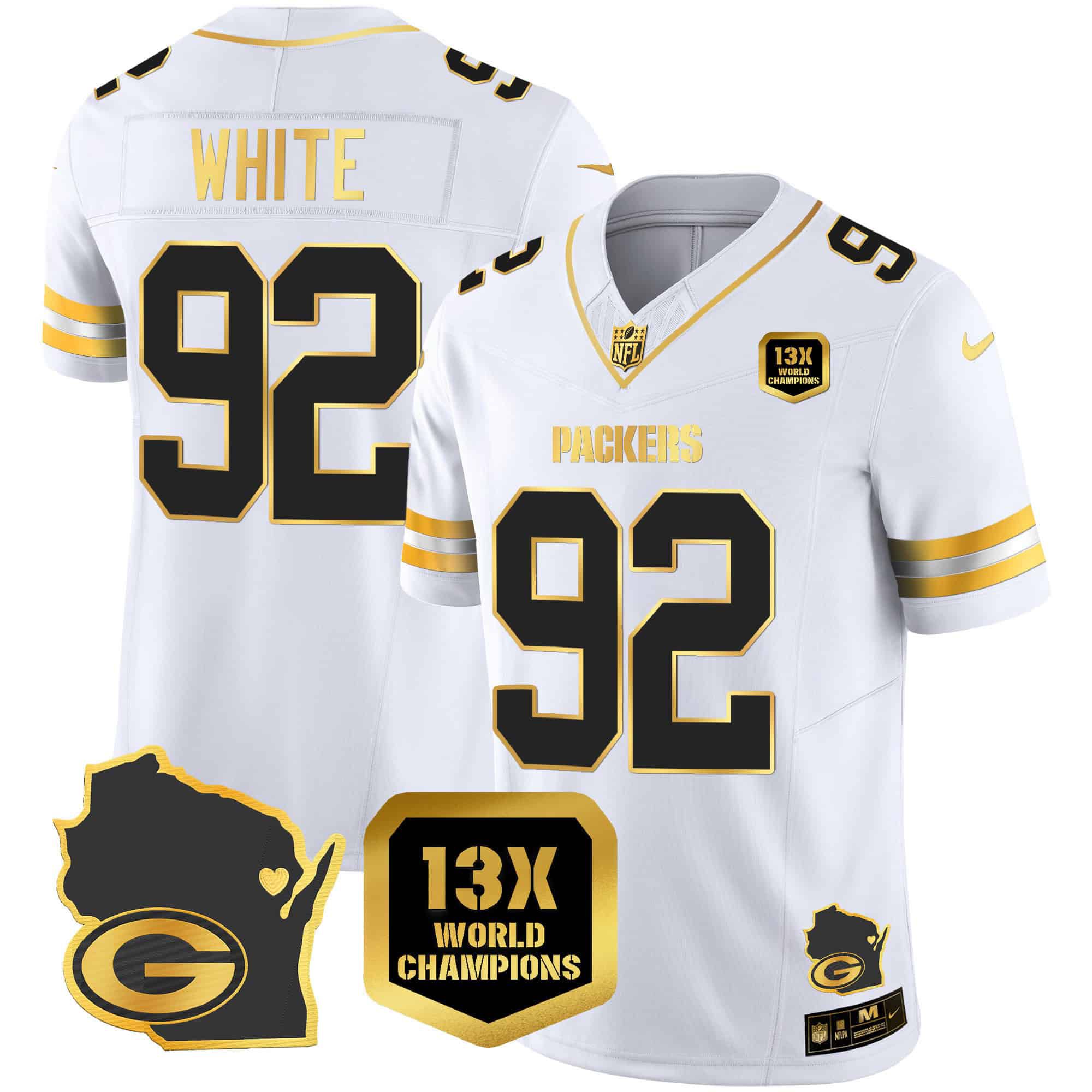 Men Green Bay Packers #92 White White Gold 2024 Nike World Champions Home Patch Vapor NFL Jersey->customized nfl jersey->Custom Jersey